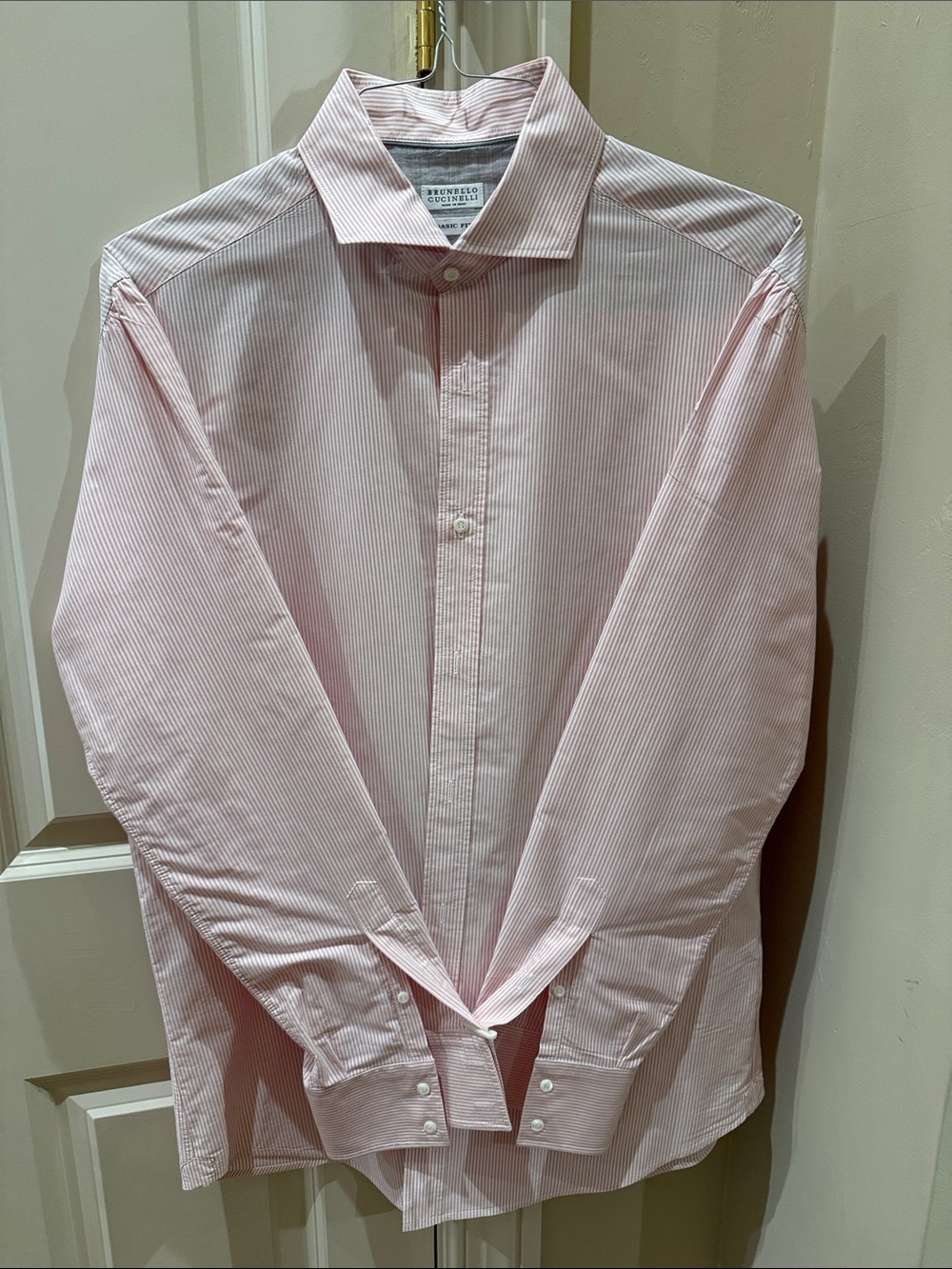 Brunello Cucinelli Light Pink Fine-Striped Dress Shirt. Basic fit. Never worn.